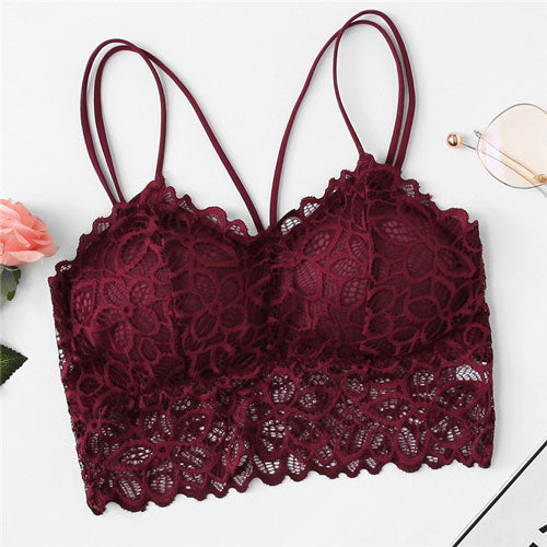 SHEIN Burgundy Sexy Eyelash Lace Women Bralette Underwear Wireless Padded Seamless Bra Ultra Strap Padded Bras for Women