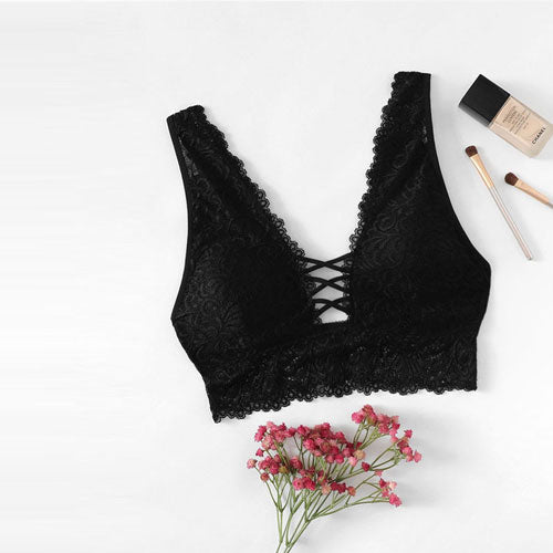 SHEIN Black Sexy Strappy Lace Bralette Women Bra Summer 2018 Fashion Sheer Lace Bralette Bras Strappy Underwear Wire Free Bra