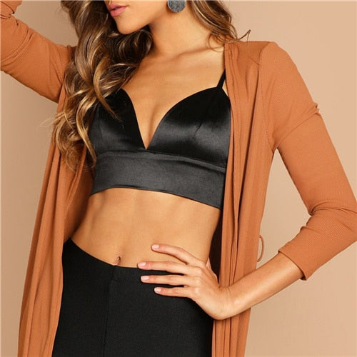 SHEIN Black Deep V Neck Bra Zipper Back Sexy Triangle Cup Wire Free Women Summer 2019 Solid Lingerie Bras